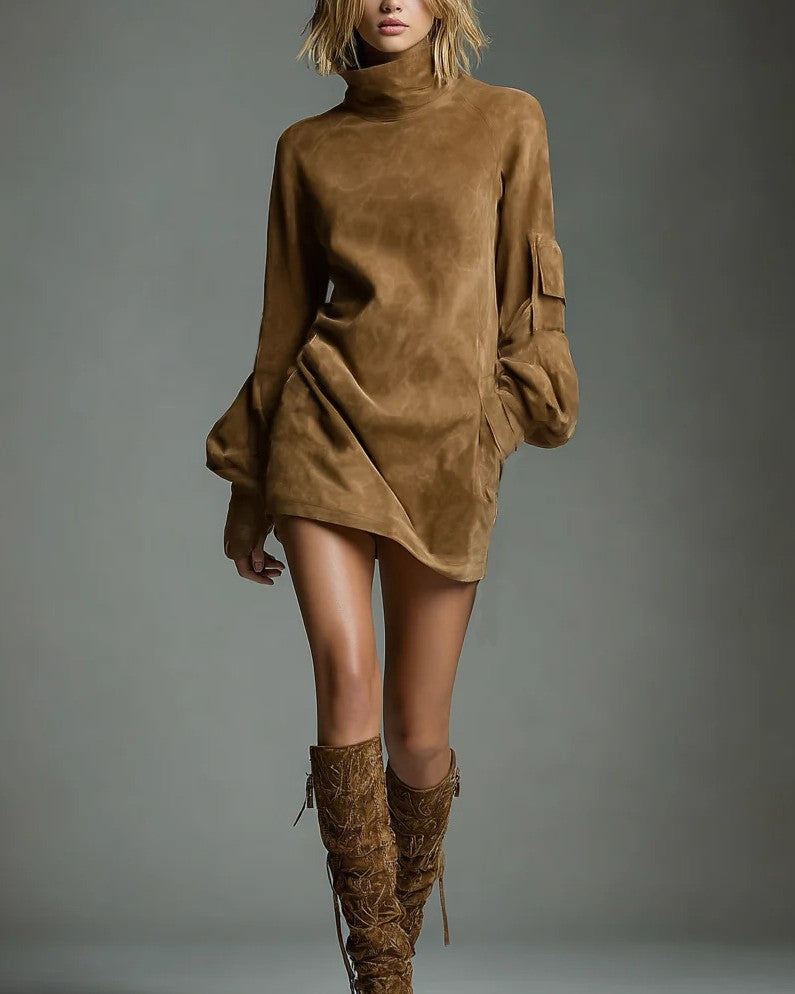 Faux Suede Turtleneck Cargo Mini Dress - Brown - 2