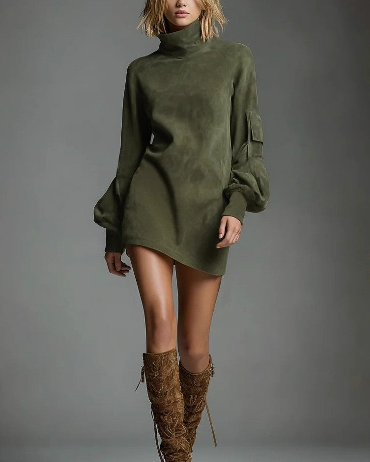 Faux Suede Turtleneck Cargo Mini Dress - Green