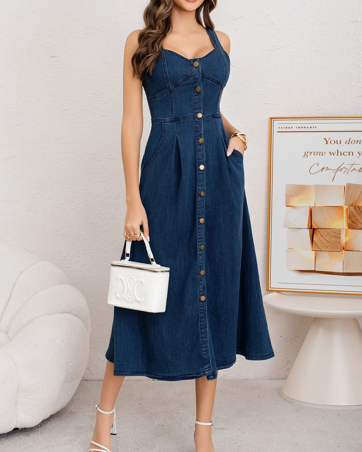 Sleeveless Denim Midi Dress With Sweetheart Neckline - Dark-Blue