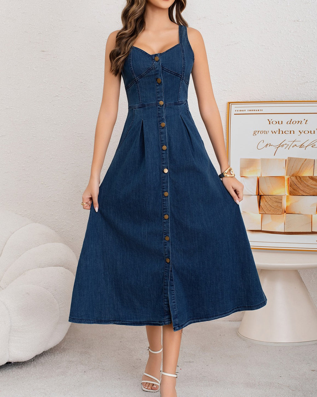 Sleeveless Denim Midi Dress With Sweetheart Neckline - Dark-Blue - 1