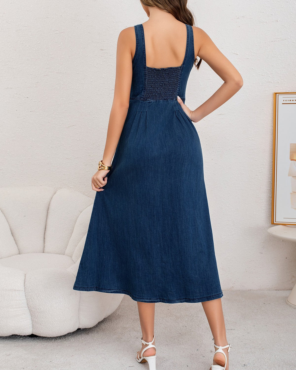Sleeveless Denim Midi Dress With Sweetheart Neckline - Dark-Blue - 2