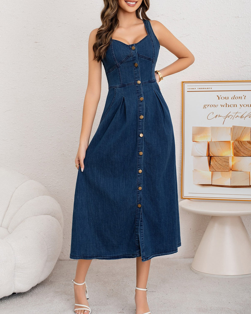 Sleeveless Denim Midi Dress With Sweetheart Neckline - Dark-Blue - 3