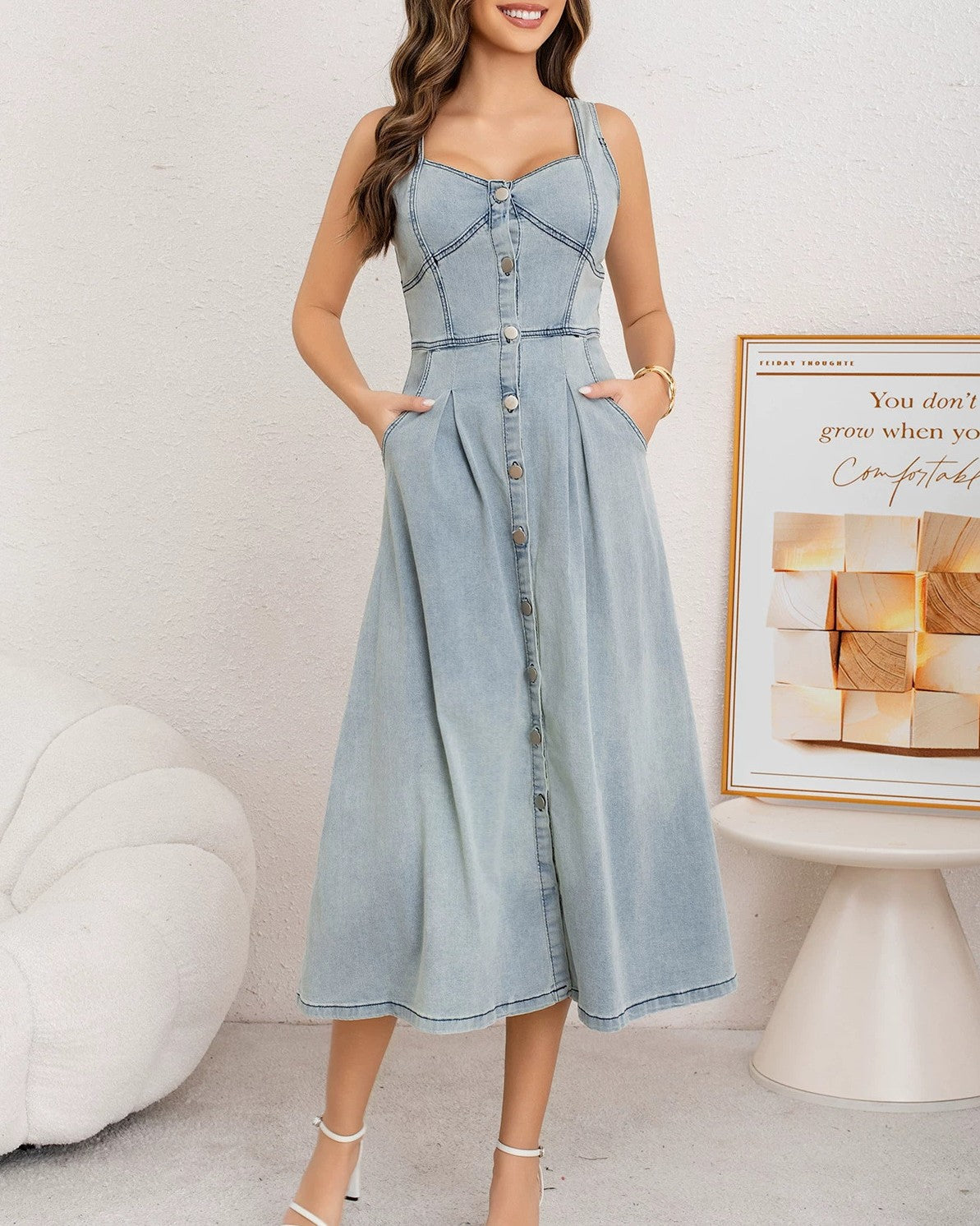 Sleeveless Denim Midi Dress With Sweetheart Neckline - Light-Blue