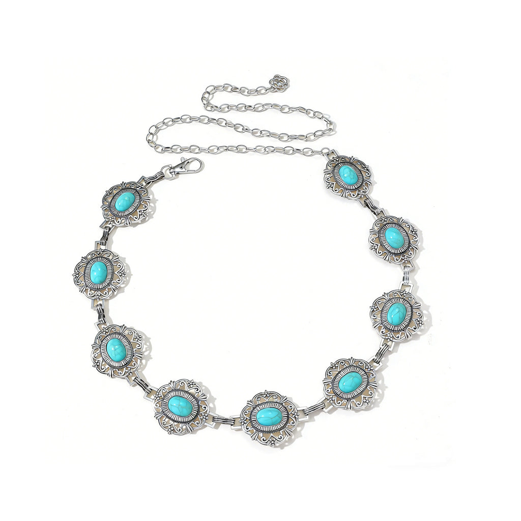 Western Filigree Concho Turquoise Belly Chain - Silvery