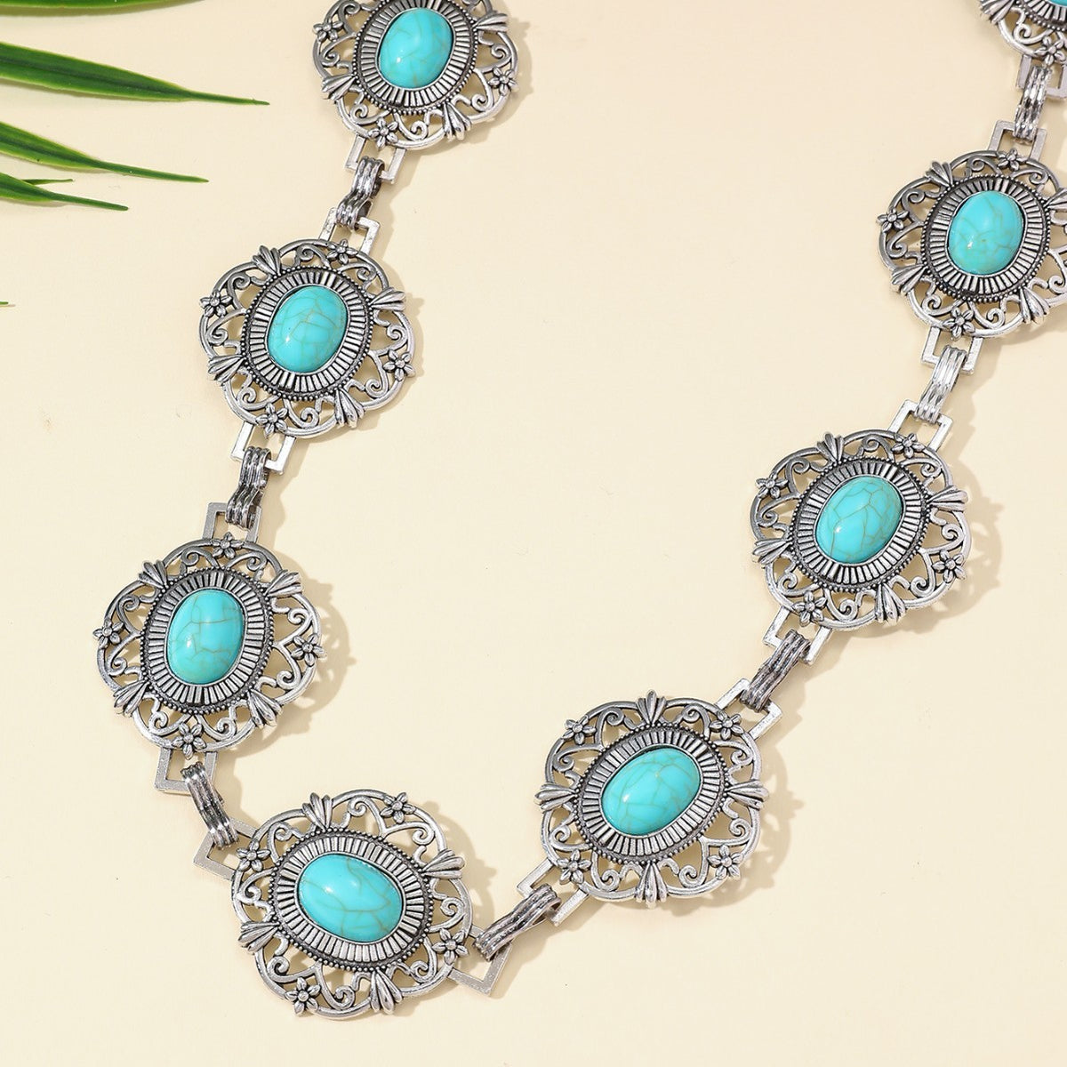 Western Filigree Concho Turquoise Belly Chain - Silvery - 2