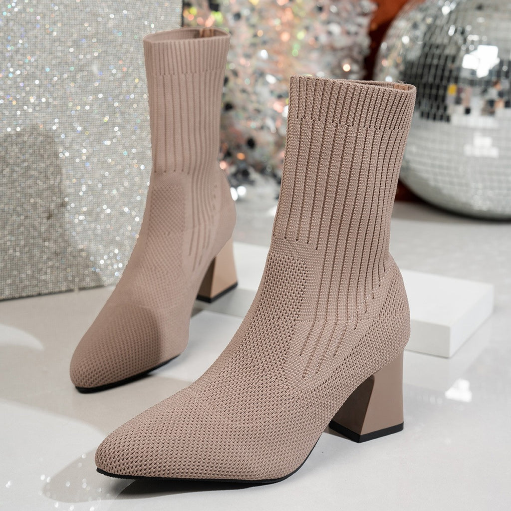 Knit Sock Block Heel Ankle Boots