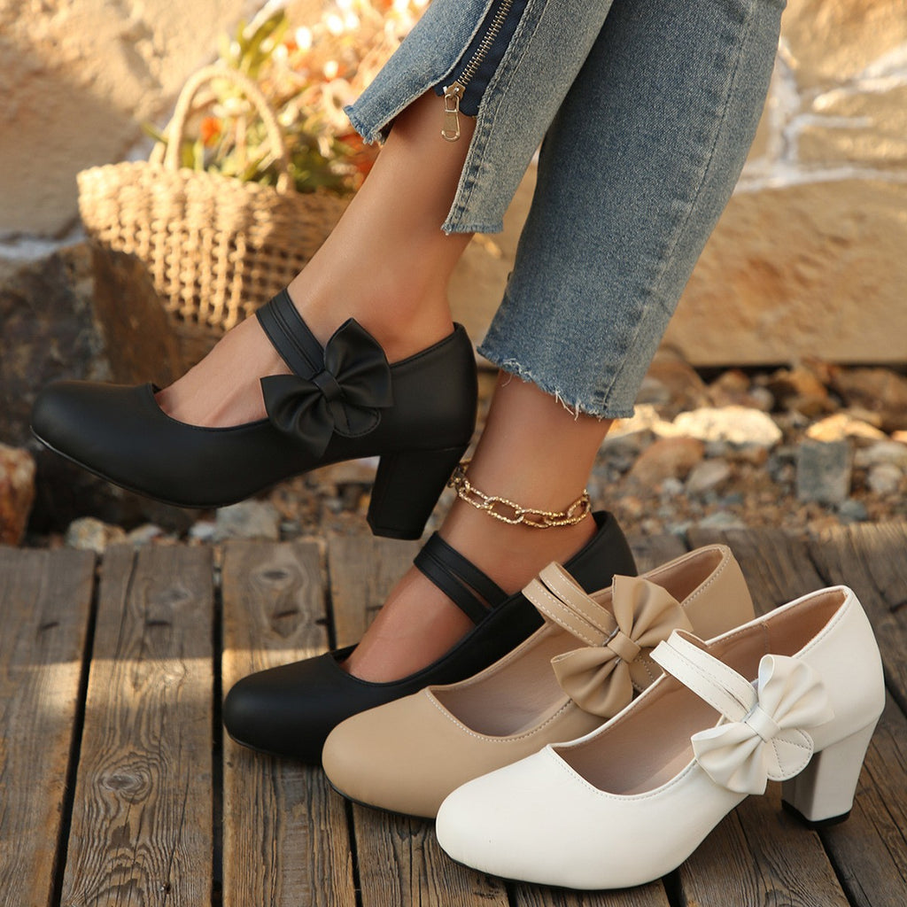 Bow Mary Jane Block Heel Pumps