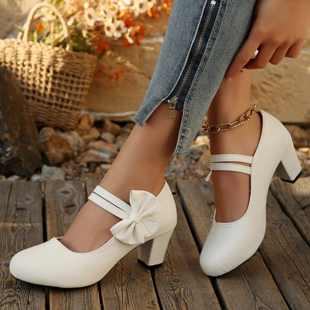 Bow Mary Jane Block Heel Pumps