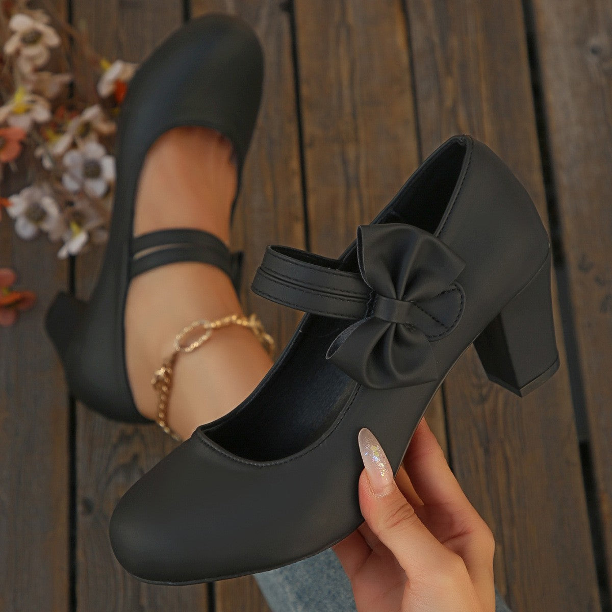 Bow Mary Jane Block Heel Pumps