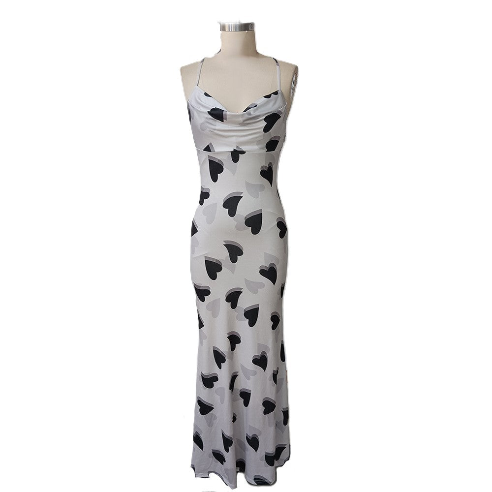 Heart Print Cowl Neck Backless Maxi Dress - Grey