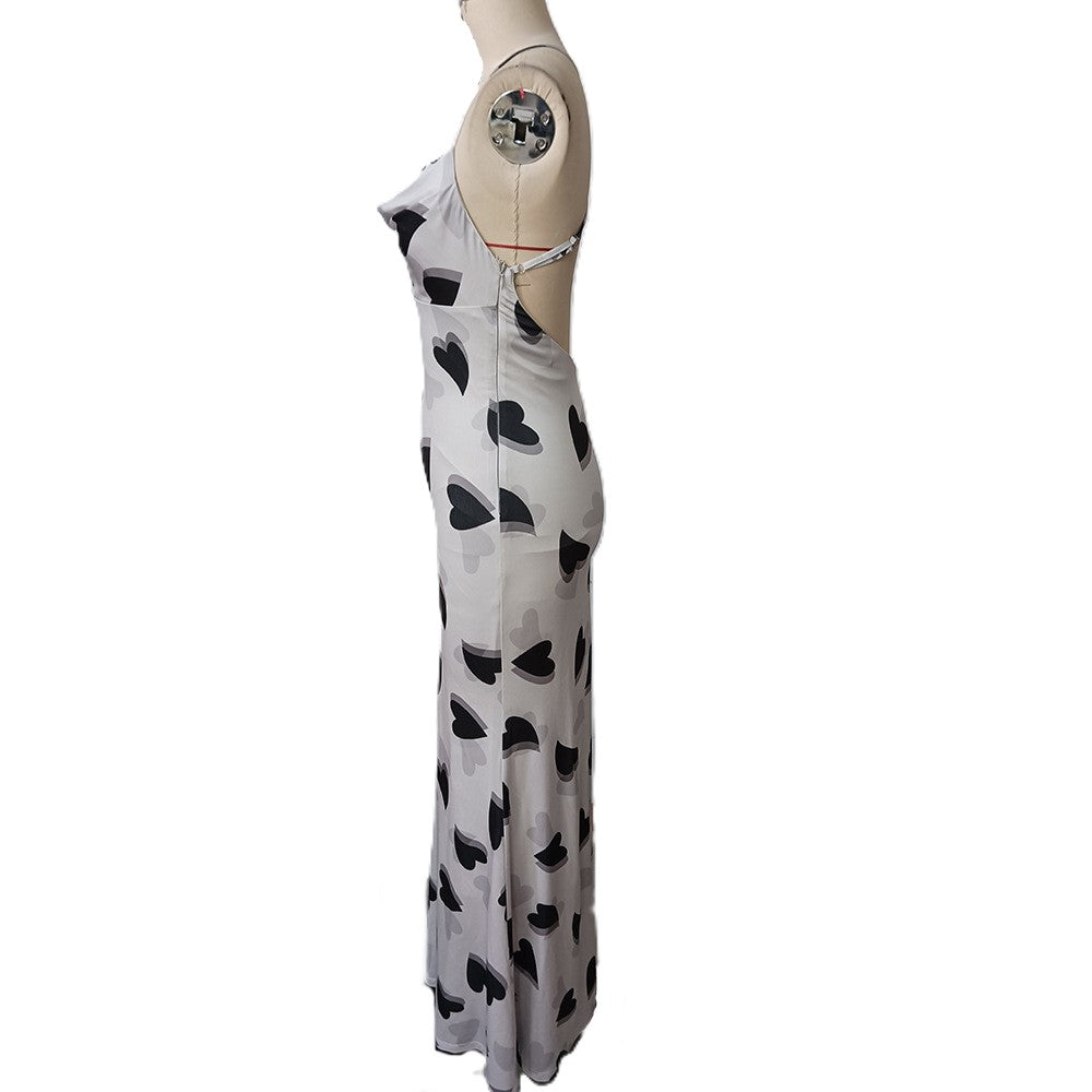Heart Print Cowl Neck Backless Maxi Dress - Grey - 1