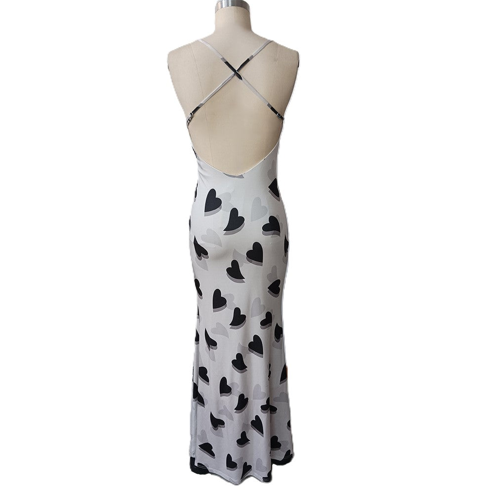 Heart Print Cowl Neck Backless Maxi Dress - Grey - 2