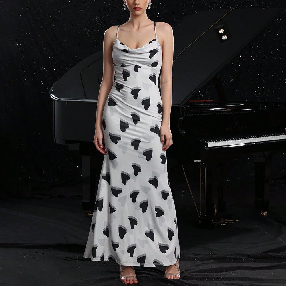 Heart Print Cowl Neck Backless Maxi Dress