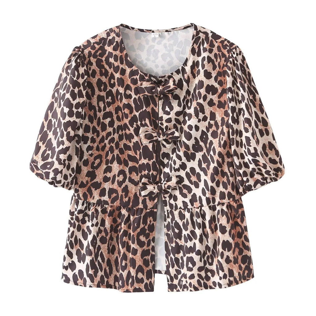 Leopard Print Puff Sleeve Tie Front Top - Leopard