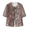 Leopard Print Puff Sleeve Tie Front Top - Leopard