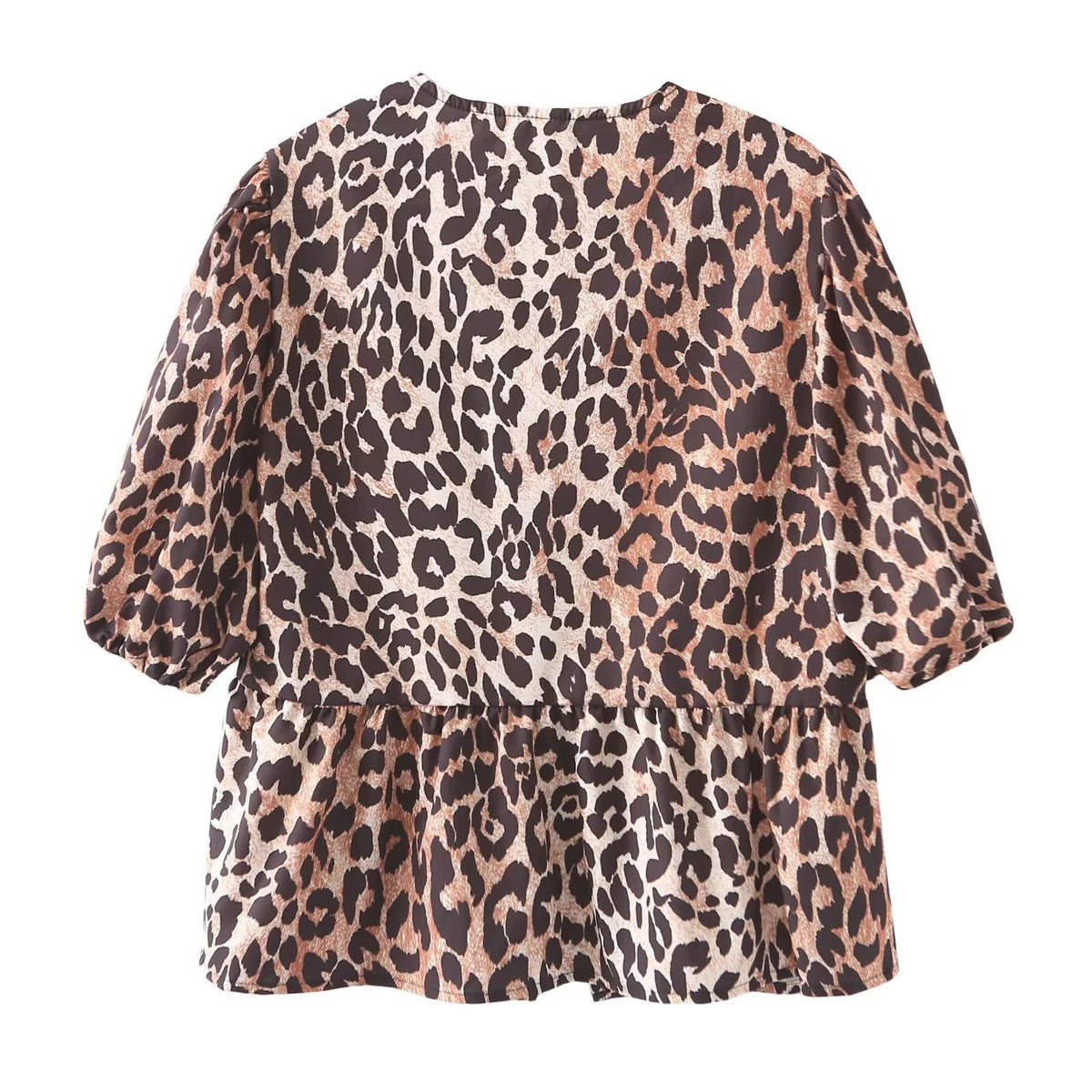 Leopard Print Puff Sleeve Tie Front Top - Leopard - 1