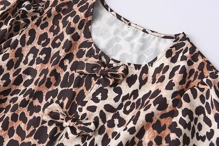Leopard Print Puff Sleeve Tie Front Top - Leopard - 2