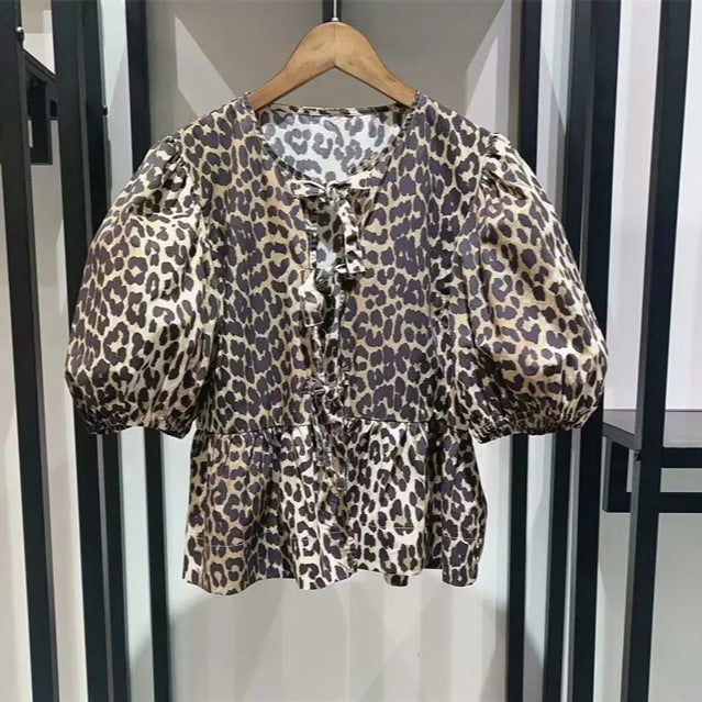 Leopard Print Puff Sleeve Tie Front Top - Leopard - 4