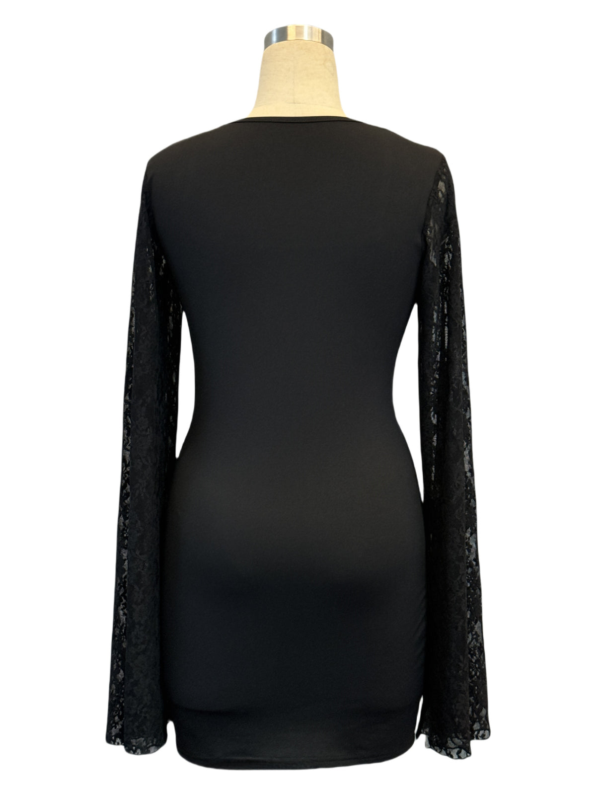 Sheer Lace Flared Sleeve Bodycon Mini Dress - Black - 1