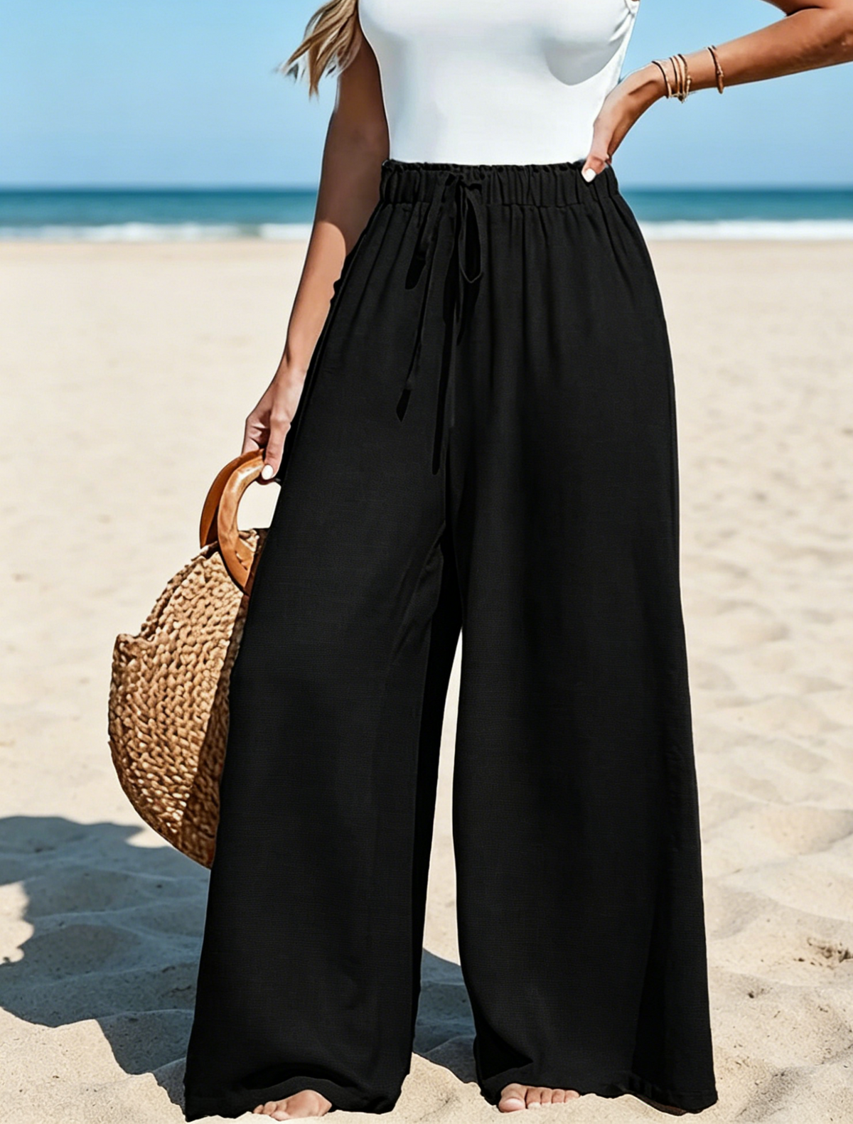 Paperbag Waist Wide Leg Palazzo Pants - Black