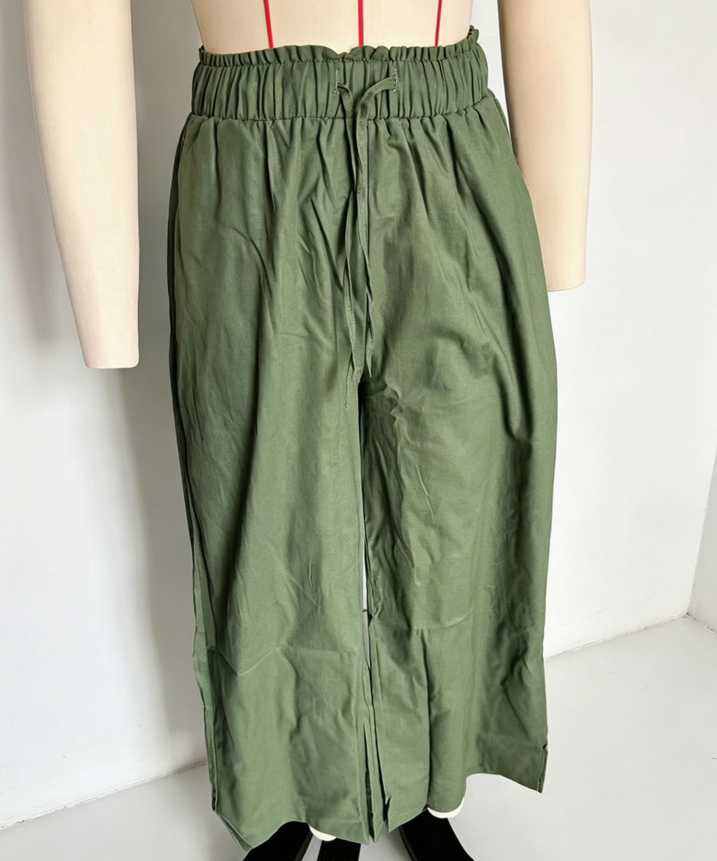 Paperbag Waist Wide Leg Palazzo Pants - Green