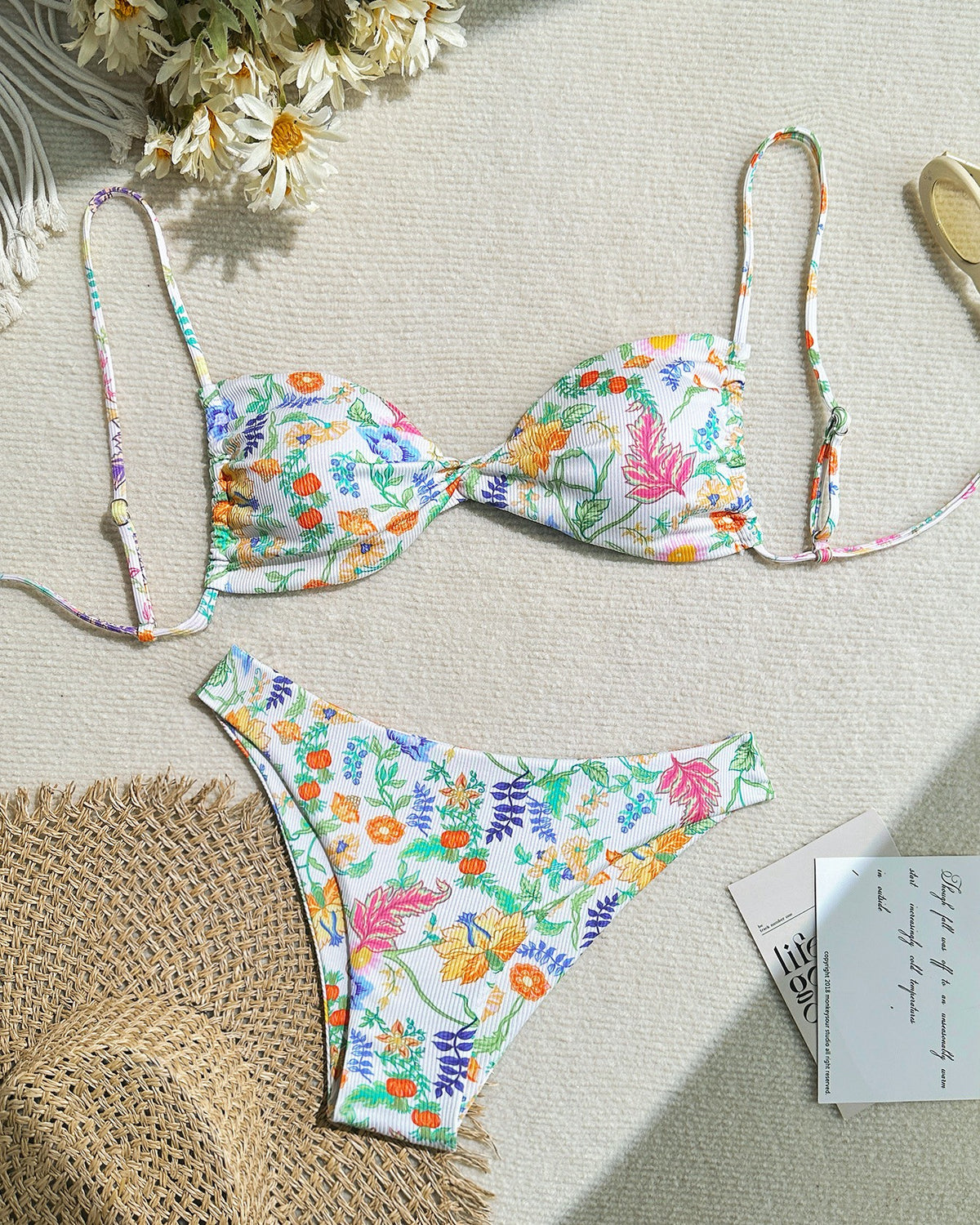 Ribbed Floral Print Triangle Bikini Set - Pink
