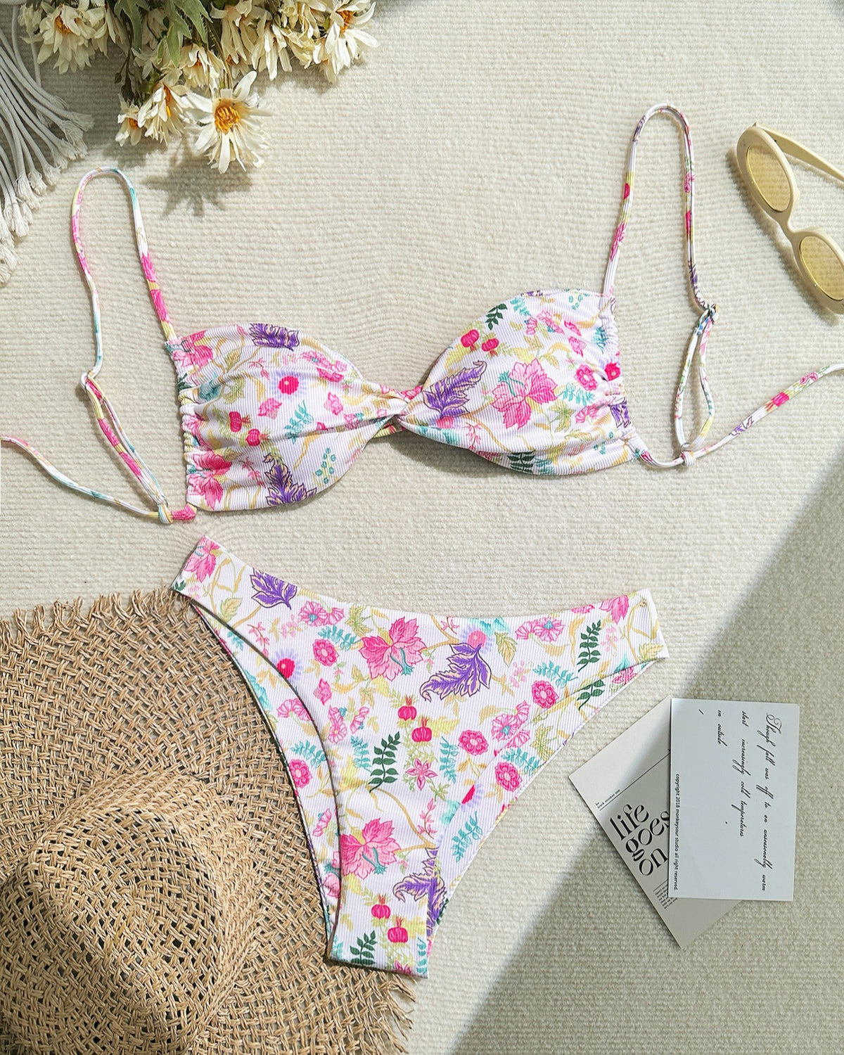 Ribbed Floral Print Triangle Bikini Set - Pink - 1