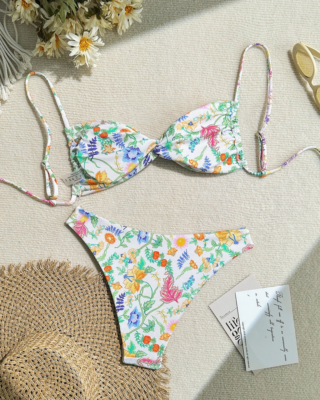 Ribbed Floral Print Triangle Bikini Set - Pink - 2