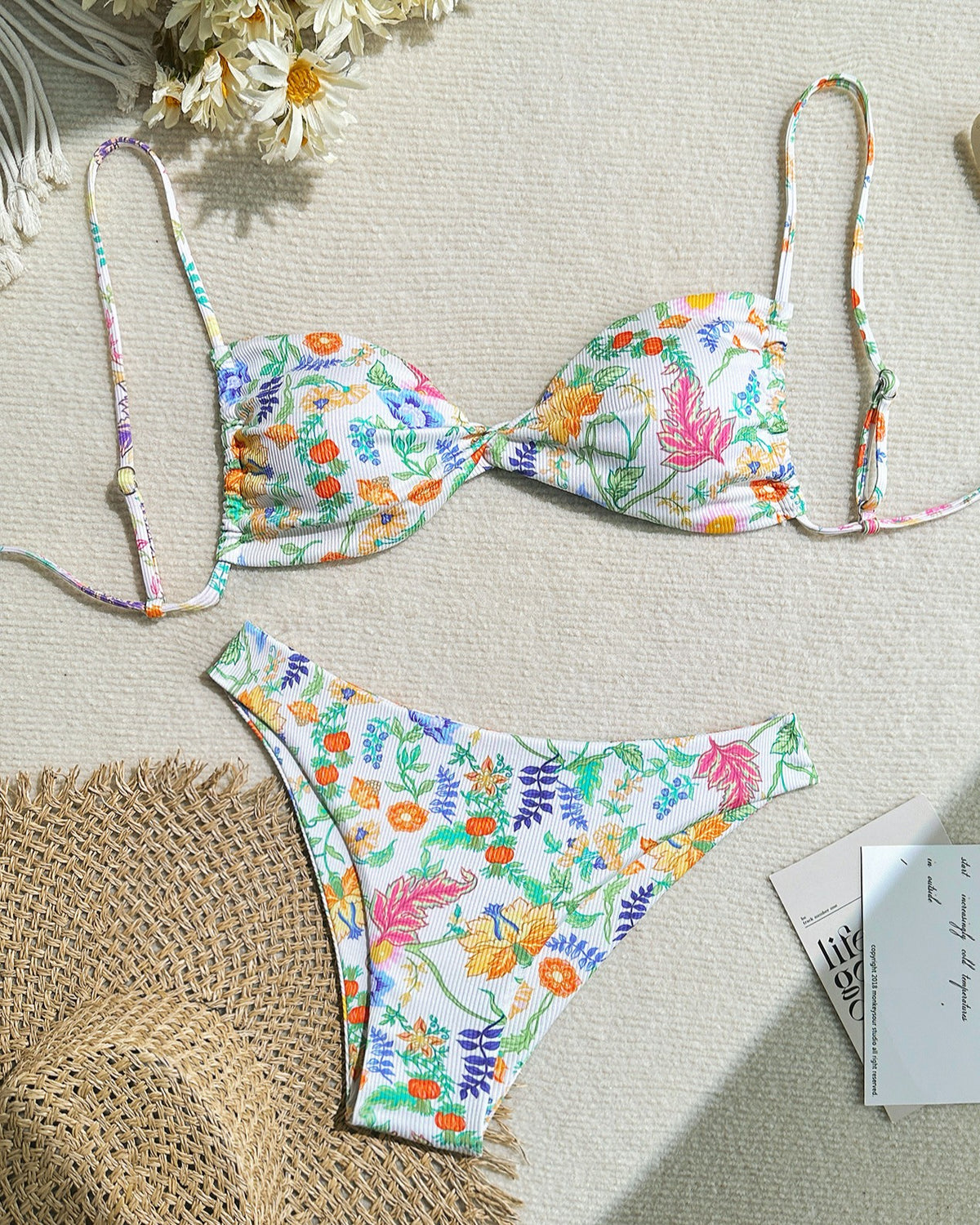 Ribbed Floral Print Triangle Bikini Set - White