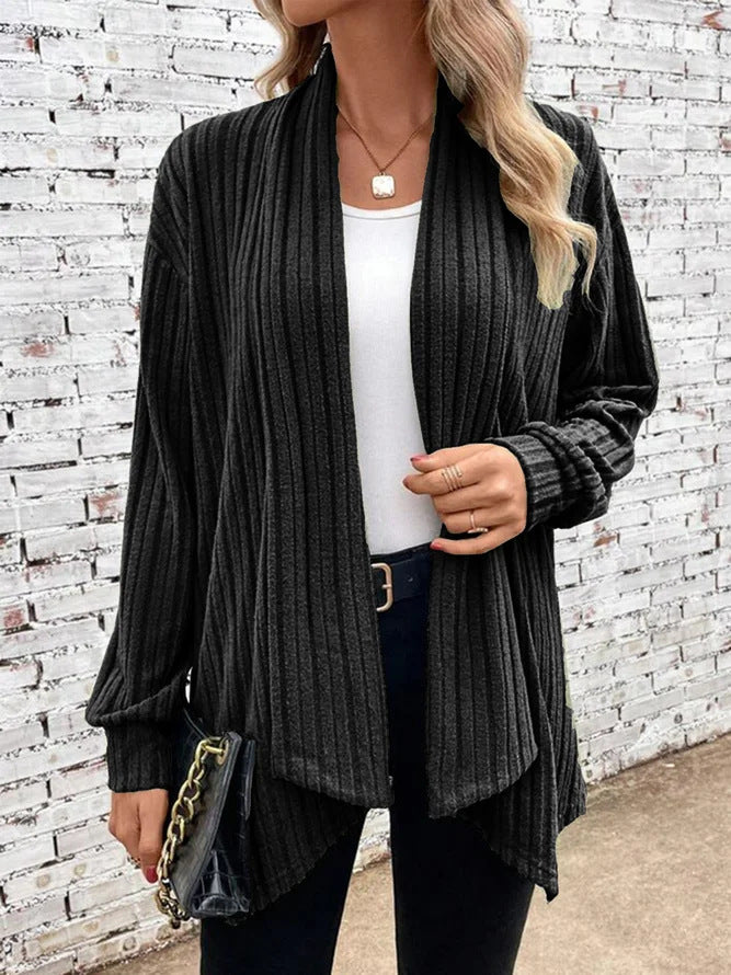 Ribbed Draped Open Front Cardigan - Black