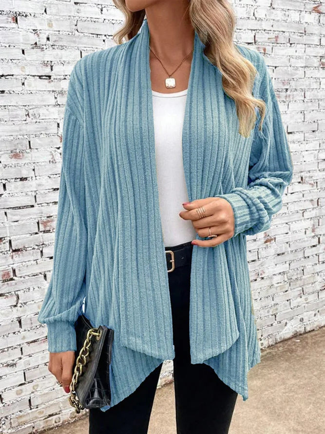Ribbed Draped Open Front Cardigan - Blue