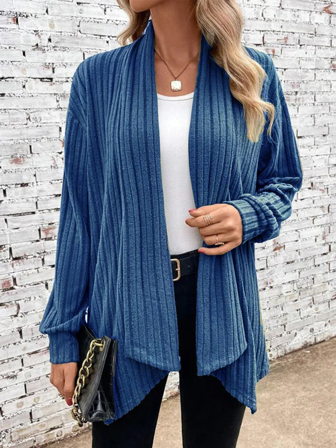 Ribbed Draped Open Front Cardigan - DarkBlue