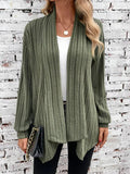 Ribbed Draped Open Front Cardigan - Green