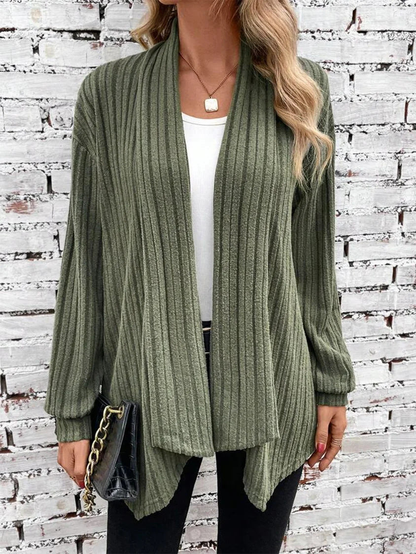 Ribbed Draped Open Front Cardigan - Green
