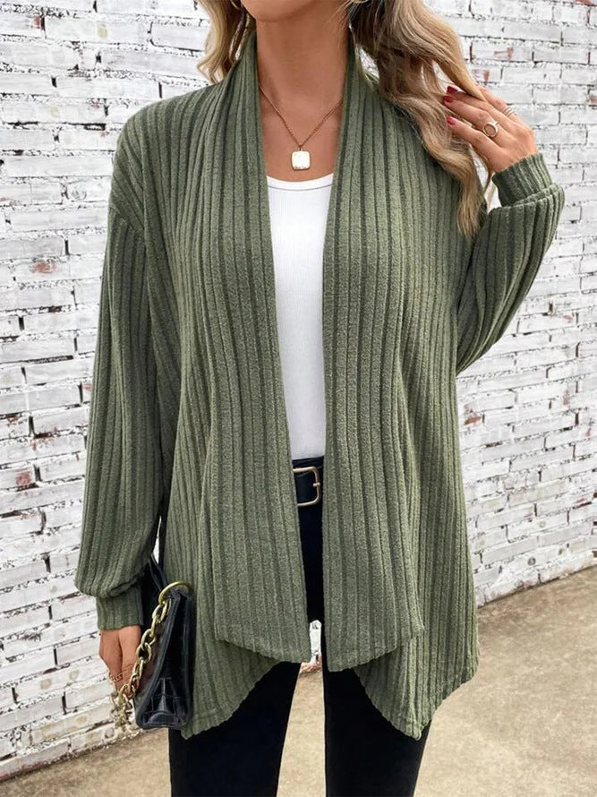 Ribbed Draped Open Front Cardigan - Green - 2