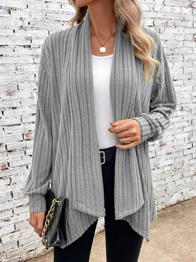 Ribbed Draped Open Front Cardigan - Grey