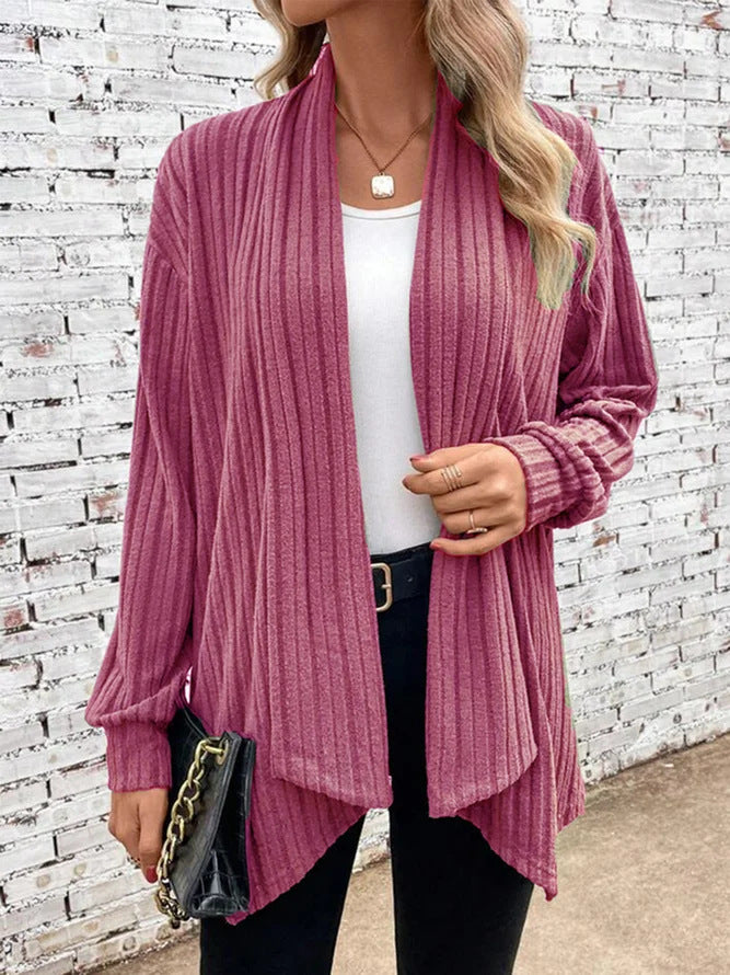 Ribbed Draped Open Front Cardigan - Red