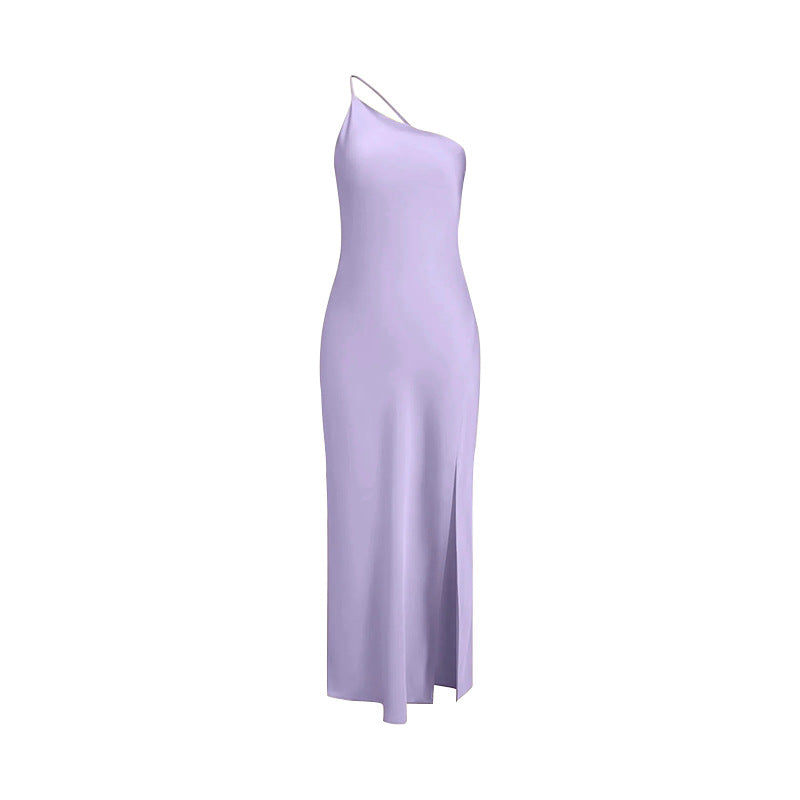 One Shoulder Backless Satin Slip Maxi Dress - Purple
