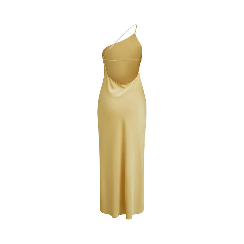 One Shoulder Backless Satin Slip Maxi Dress - Yellow - 2