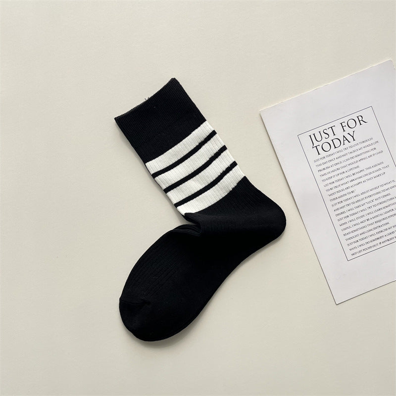 Contrast Stripe Ribbed Crew Socks - Black