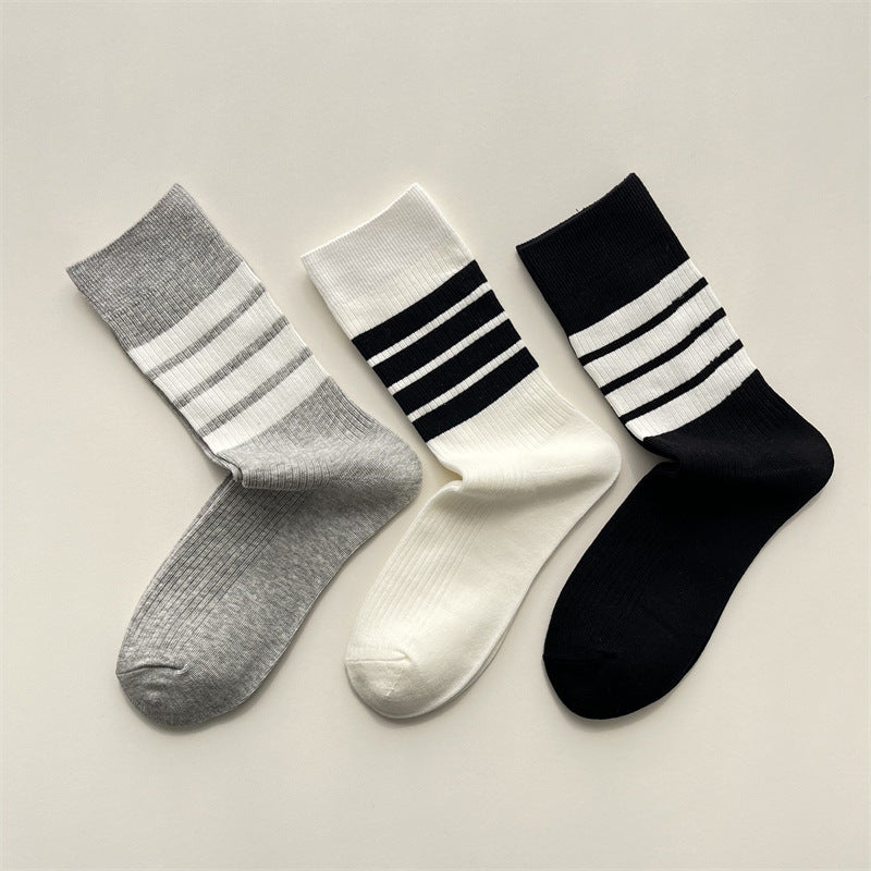 Contrast Stripe Ribbed Crew Socks - Grey