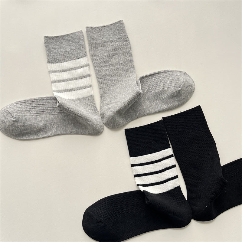 Contrast Stripe Ribbed Crew Socks - Grey - 2