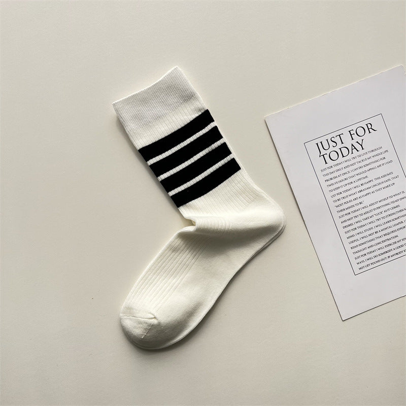 Contrast Stripe Ribbed Crew Socks - White