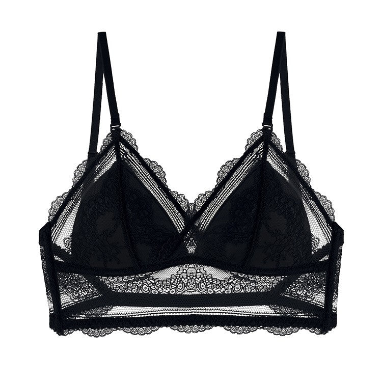 Lace Convertible Strap Wireless Triangle Bralette - Black