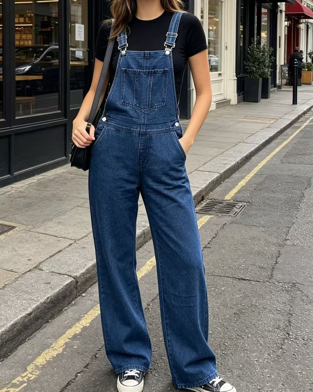 Wide Leg Denim Overalls With Adjustable Straps - Dark-Blue