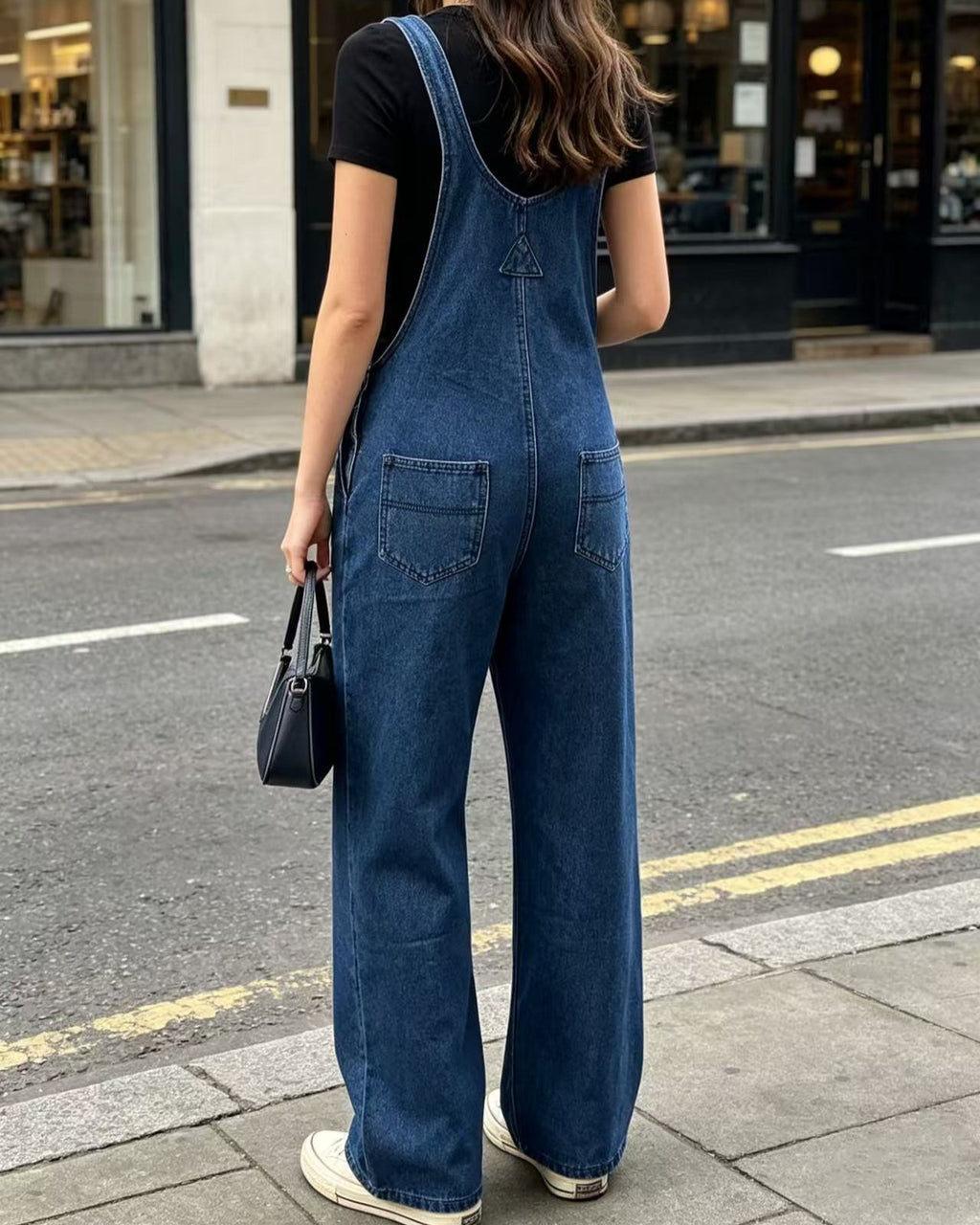 Wide Leg Denim Overalls With Adjustable Straps - Dark-Blue - 1