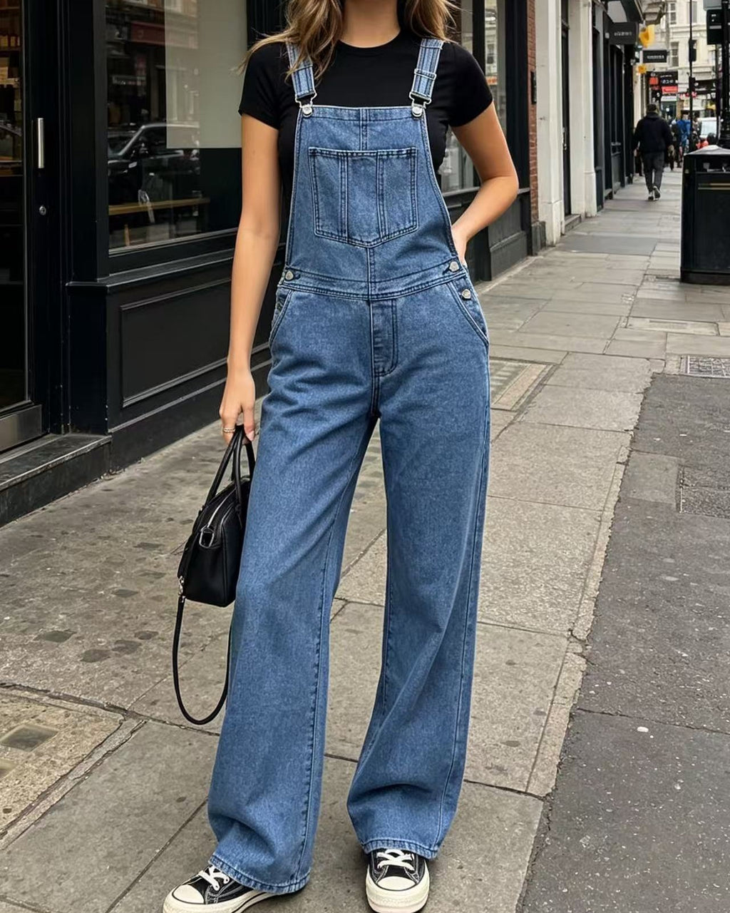 Wide Leg Denim Overalls With Adjustable Straps - Light-Blue