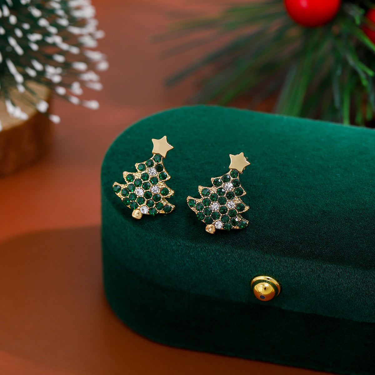 Emerald Crystal Christmas Tree Studs - Green - 3