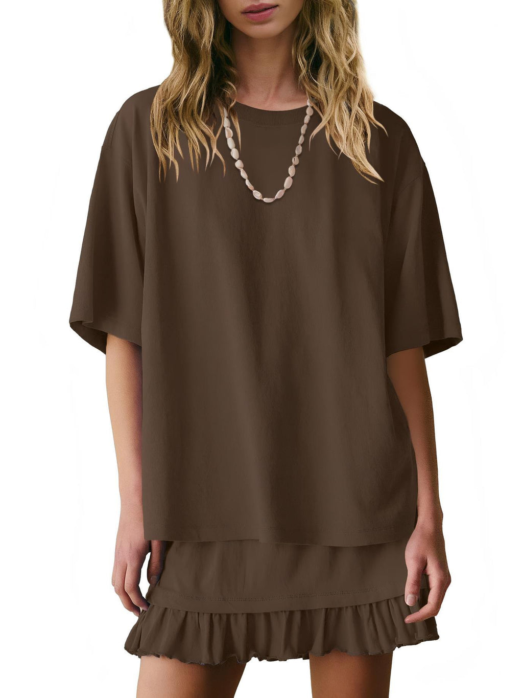 Relaxed Tee And Frill Skirt Lounge Set - Brown