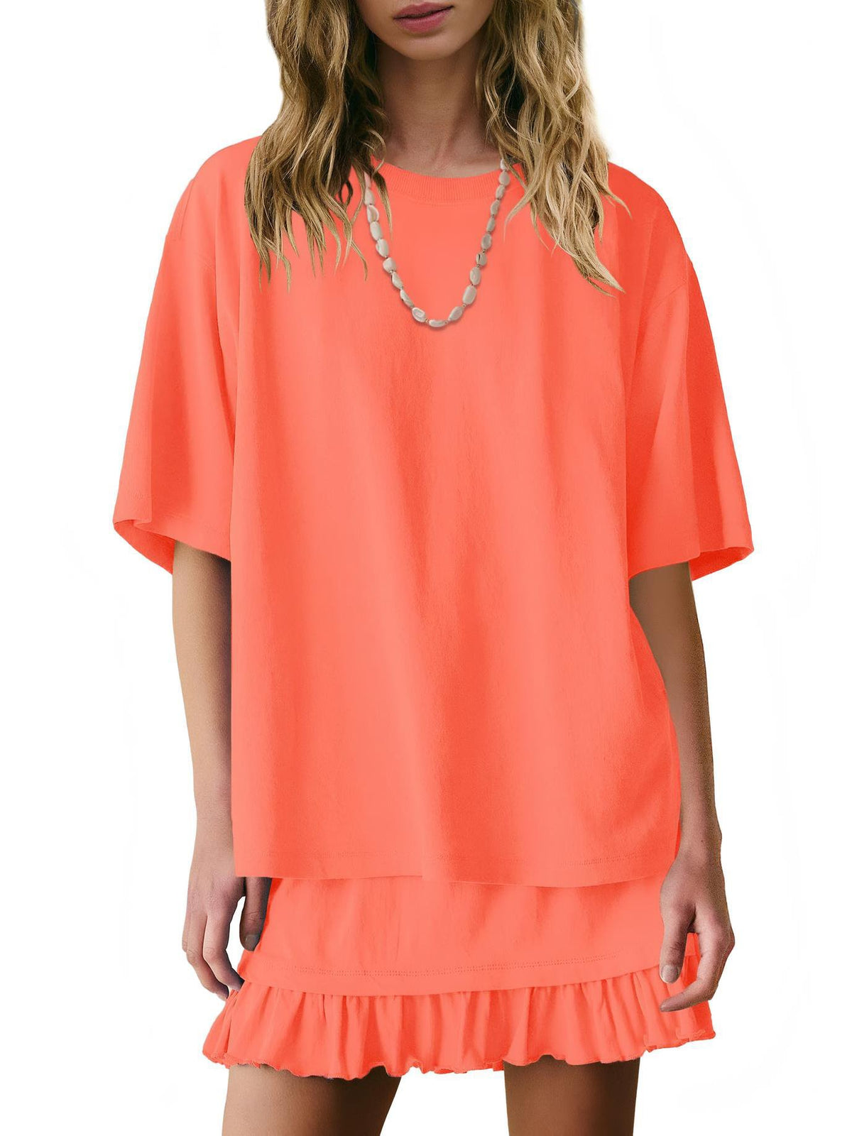 Relaxed Tee And Frill Skirt Lounge Set - Orange